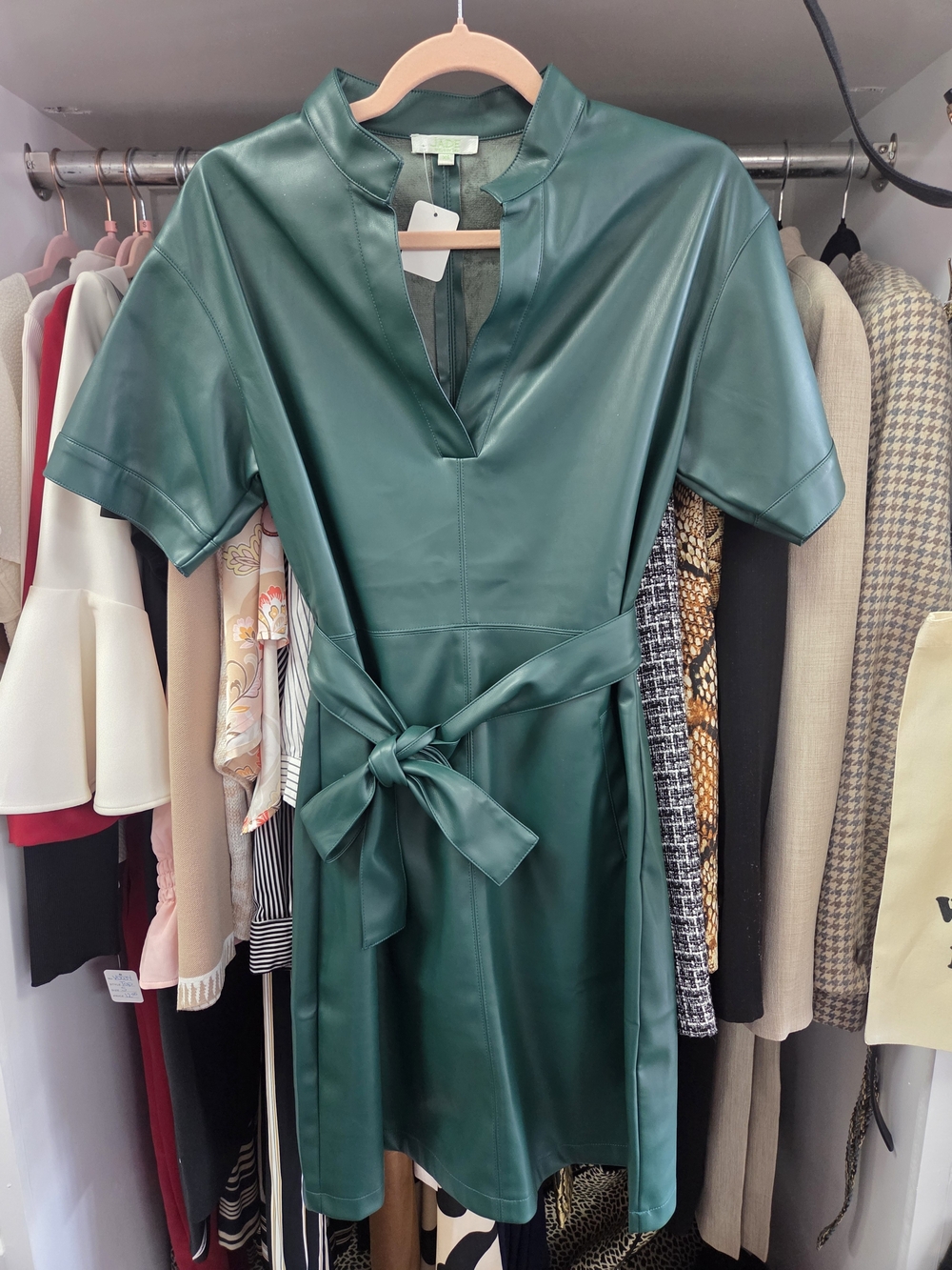 Jade Emerald Faux Leather Tie-Waist Midi Dress